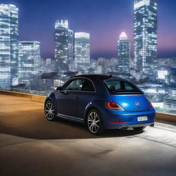 Indigo blue Volkswagen New Beetle standing on a parking garage at nighttime, with the illuminated Tokyo skyline serving as the vibrant backdrop.