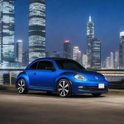 Indigo blue Volkswagen New Beetle standing on a parking garage at nighttime, with the illuminated Tokyo skyline serving as the vibrant backdrop.