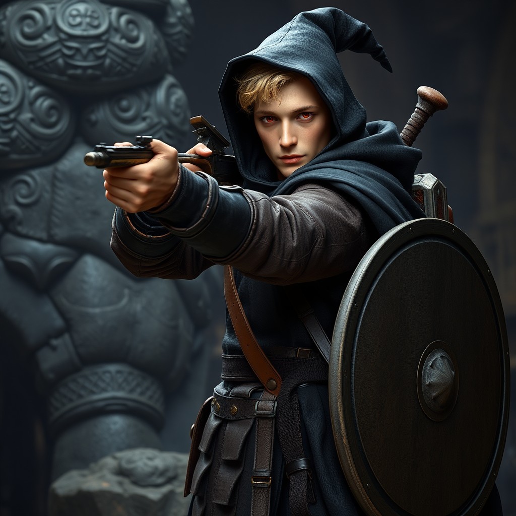 A light-skinned human with distinct European facial features, slim build, and average height, possessing striking red eyes