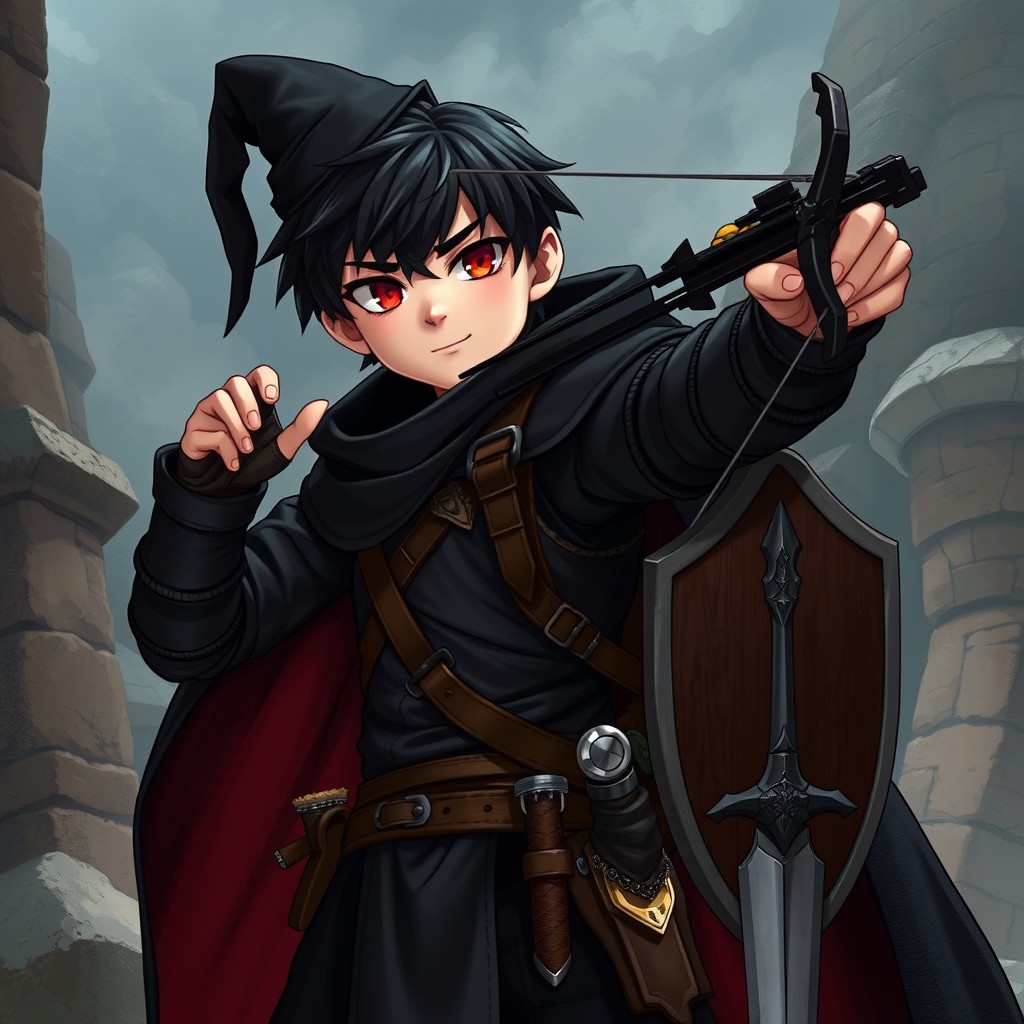 A light-skinned human with black hair and distinct European facial features, possessing a slim build and average height, highlighted by striking red eyes