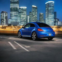 Indigo blue Volkswagen New Beetle standing on a parking garage at nighttime, with the illuminated Tokyo skyline serving as the vibrant backdrop.