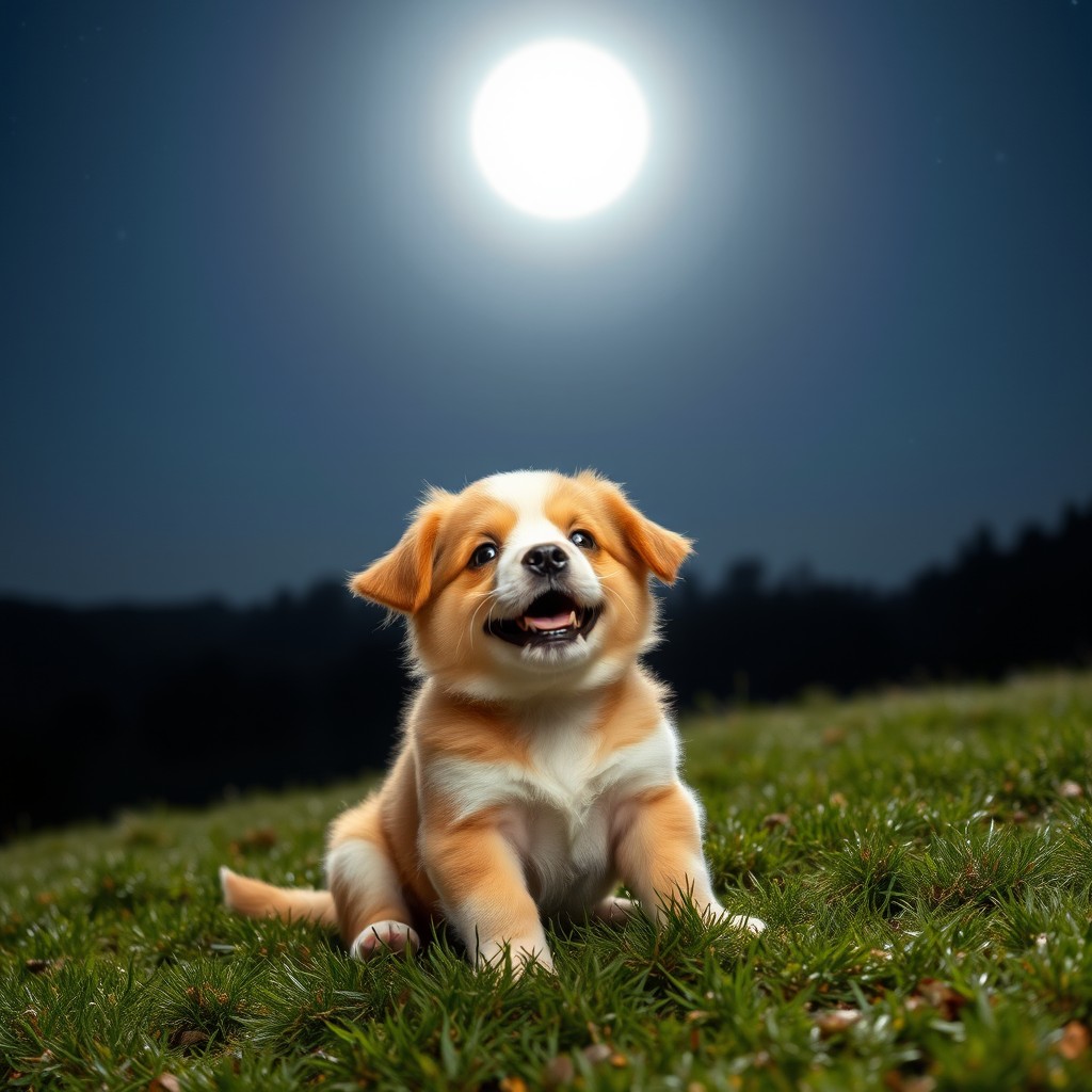 A cute puppy sitting on a grassy hill under the soft glow of the moonlight