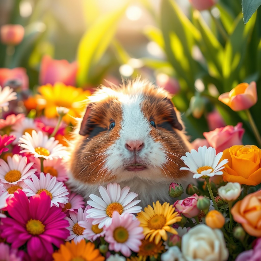 A fluffy guinea pig nestled among a vibrant array of colorful flowers, showcasing its adorable facial features and soft fur