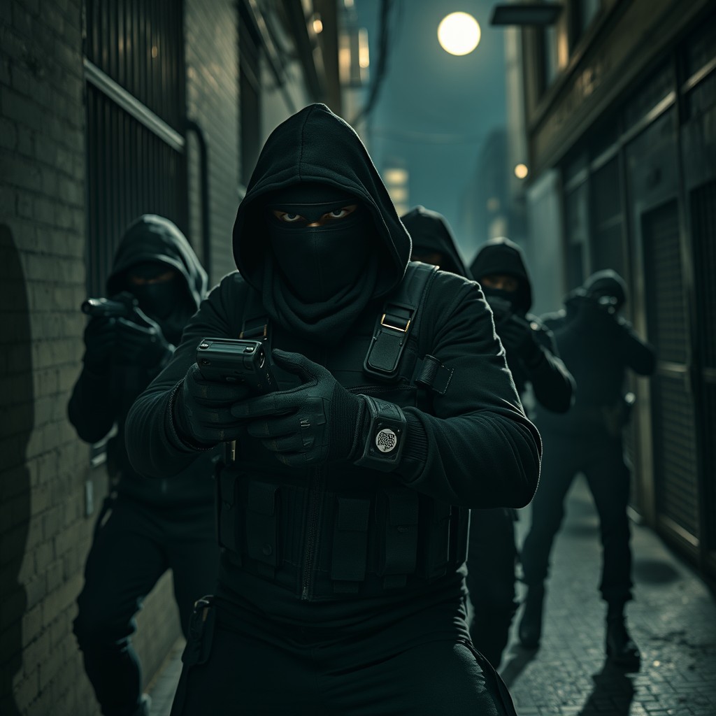 A tense and dynamic scene depicting a group of thieves clad in black gloves and balaclavas, prepared for a heist