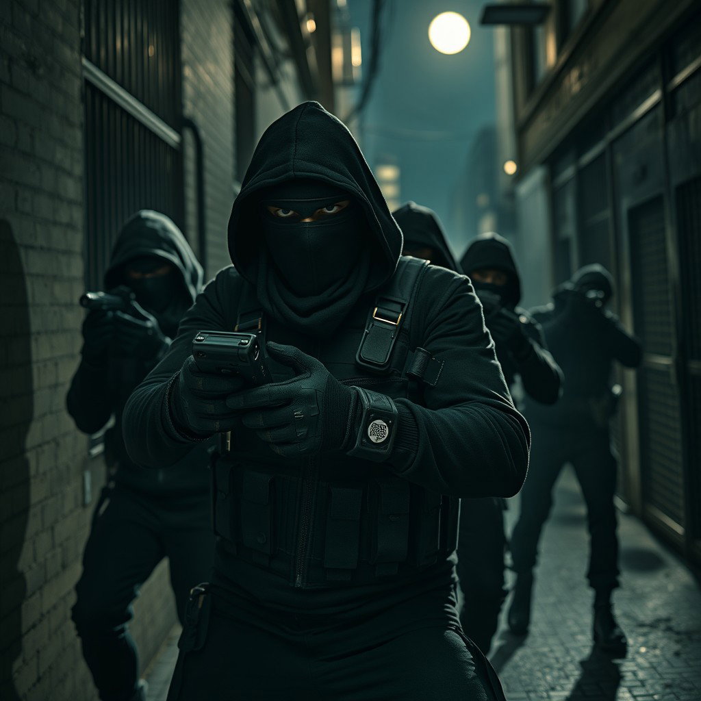 A tense and dynamic scene depicting a group of thieves clad in black gloves and balaclavas, prepared for a heist