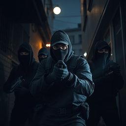 A tense and dynamic scene depicting a group of thieves clad in black gloves and balaclavas, prepared for a heist