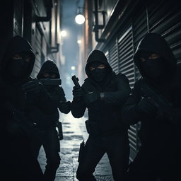 A tense and dynamic scene depicting a group of thieves clad in black gloves and balaclavas, prepared for a heist