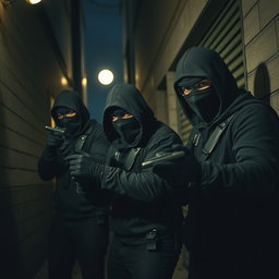 A tense and dynamic scene depicting a group of thieves clad in black gloves and balaclavas, prepared for a heist