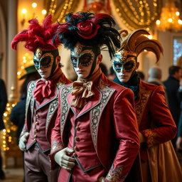 Un grupo de hombres jóvenes vistiendo elaborados trajes de carnaval veneciano, cada uno con máscaras decorativas, guantes y vestimenta rica en detalles