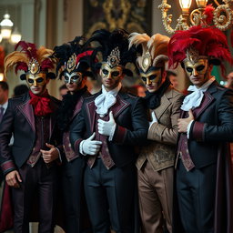 Un grupo de hombres jóvenes vistiendo elaborados trajes de carnaval veneciano, cada uno con máscaras decorativas, guantes y vestimenta rica en detalles