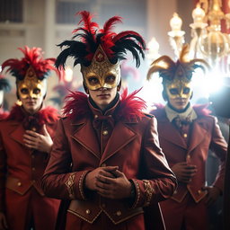 Un grupo de hombres jóvenes vistiendo elaborados trajes de carnaval veneciano, cada uno con máscaras decorativas, guantes y vestimenta rica en detalles