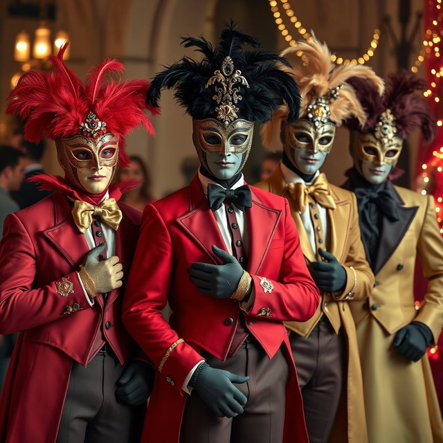 Un grupo de hombres jóvenes vistiendo elaborados trajes de carnaval veneciano, cada uno con máscaras decorativas, guantes y vestimenta rica en detalles