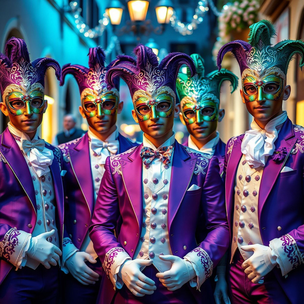 Un grupo de hombres jóvenes vestidos con elaborados trajes de carnaval veneciano, cada uno usando máscaras decorativas y guantes a juego