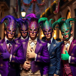 Un grupo de hombres jóvenes vestidos con elaborados trajes de carnaval veneciano, cada uno usando máscaras decorativas y guantes a juego