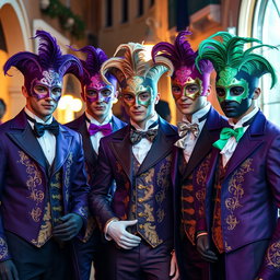 Un grupo de hombres jóvenes vestidos con elaborados trajes de carnaval veneciano, cada uno usando máscaras decorativas y guantes a juego