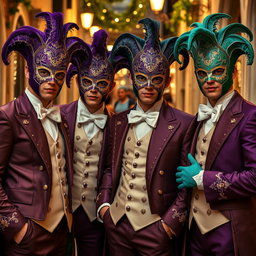 Un grupo de hombres jóvenes vestidos con elaborados trajes de carnaval veneciano, cada uno usando máscaras decorativas y guantes a juego
