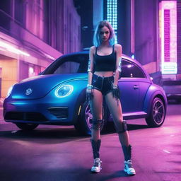 A beautiful young cybernetic girl with artificial arms leaning on an indigo blue Volkswagen New Beetle in a parking garage at night, with a neon-lit cyberpunk cityscape in the background.