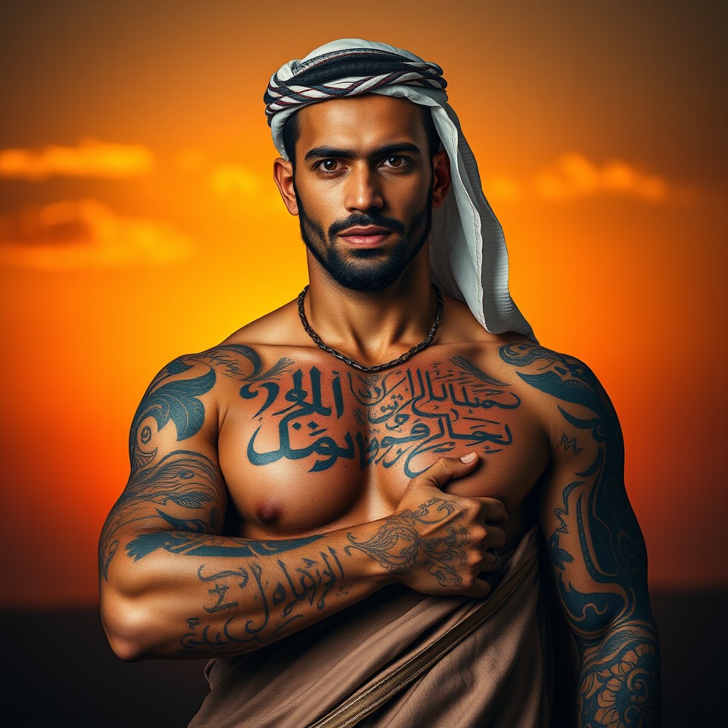 A striking portrait of an Arabic person with a muscular physique, showcasing an array of intricate tattoos covering their arms and torso