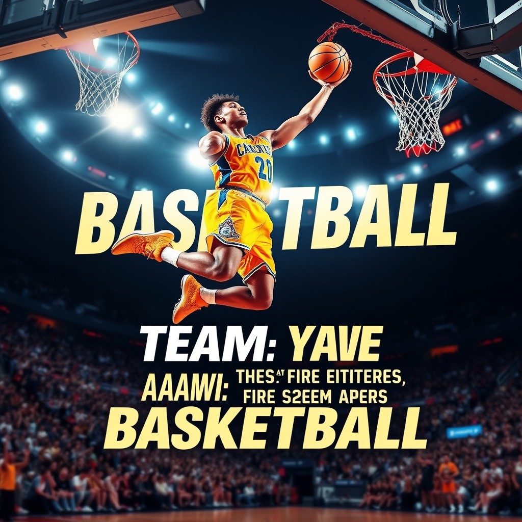 A vibrant and dynamic basketball poster featuring a male basketball player mid-air in an impressive slam dunk pose, wearing a bright jersey with bold colors and original designs