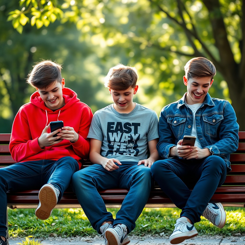Three teenage boys sitting together on a park bench, intently focused on their smartphones