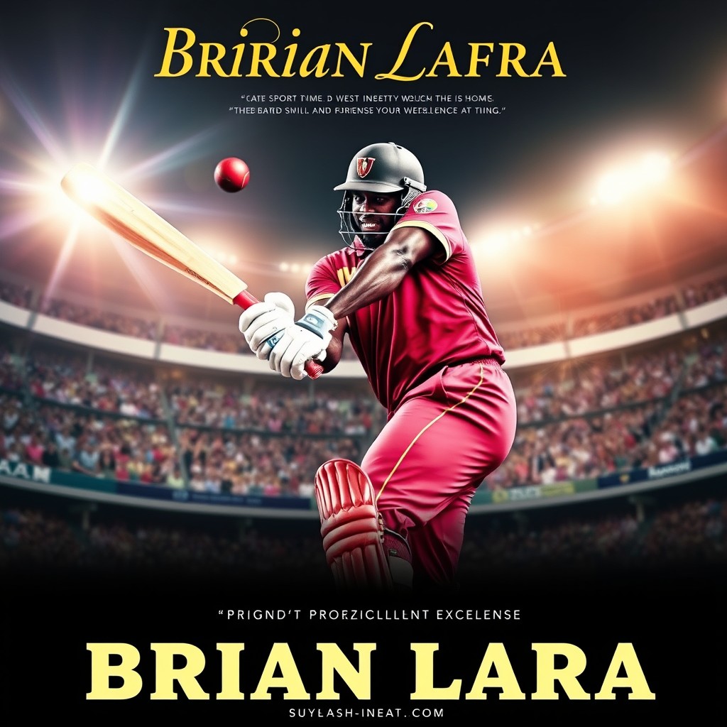 A stunning sport poster featuring cricket legend Brian Lara in action, poised to hit a cricket ball with his bat