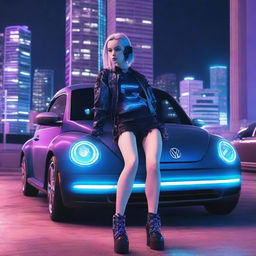 A beautiful young cybernetic girl with artificial arms leaning on an indigo blue Volkswagen New Beetle in a parking garage at night, with a neon-lit cyberpunk cityscape in the background.