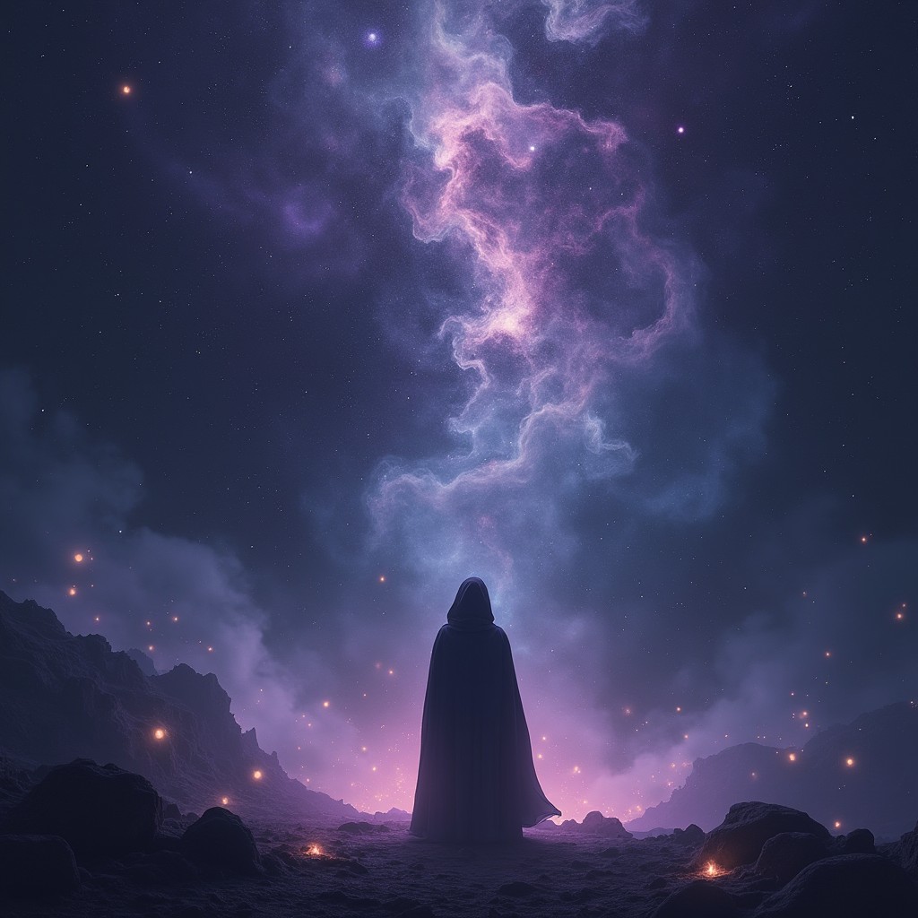 A mystical and dark cosmic scene titled 'Whispers From the Void', showcasing a vast, star-filled universe with swirling galactic clouds in deep purples, blues, and blacks
