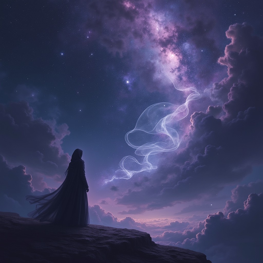 A mystical and dark cosmic scene titled 'Whispers From the Void', depicting a vast, star-filled universe with swirling galactic clouds in deep purples, blues, and blacks