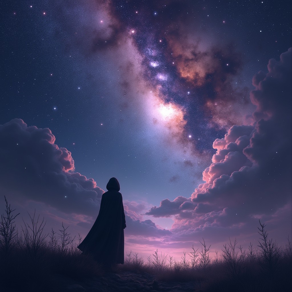 A mystical and dark cosmic scene titled 'Whispers From the Void', depicting an expansive universe filled with sparkling stars and swirling cosmic clouds in rich shades of deep purple, midnight blue, and black