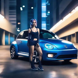 A beautiful young cybernetic girl with artificial arms leaning on an indigo blue Volkswagen New Beetle in a parking garage at night, with a neon-lit cyberpunk cityscape in the background.