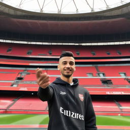 A youthful, 25-year-old man proudly wearing an Arsenal jersey, taking a selfie with Emirates Stadium as the captivating backdrop, embodying the vibrant spirit of North London.