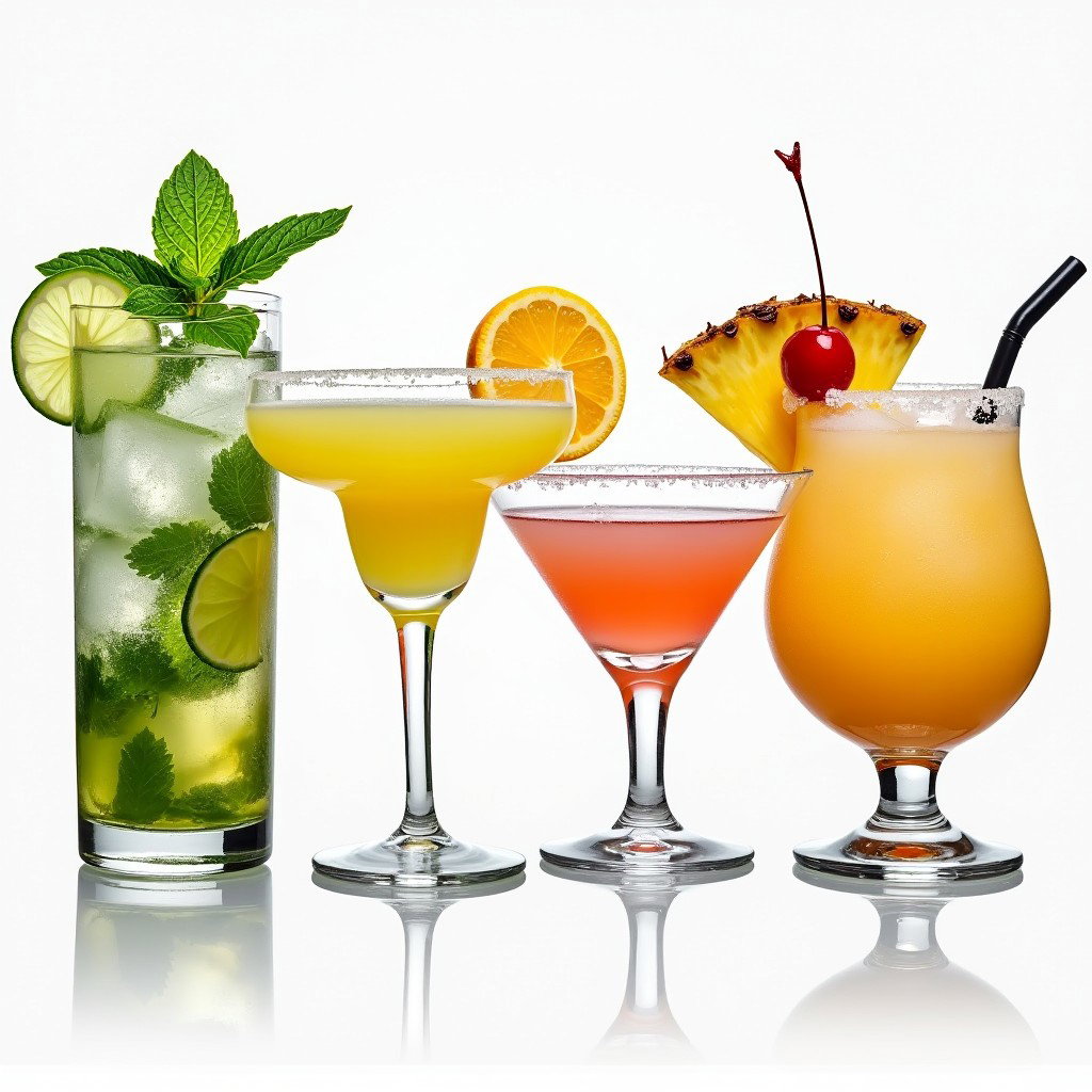 Four different visually stunning cocktails arranged together on a transparent background