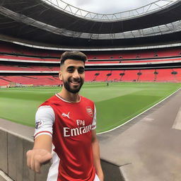 A youthful, 25-year-old man proudly wearing an Arsenal jersey, taking a selfie with Emirates Stadium as the captivating backdrop, embodying the vibrant spirit of North London.