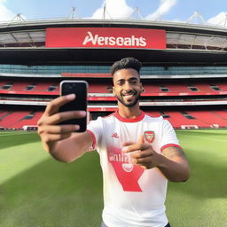 A youthful, 25-year-old man proudly wearing an Arsenal jersey, taking a selfie with Emirates Stadium as the captivating backdrop, embodying the vibrant spirit of North London.