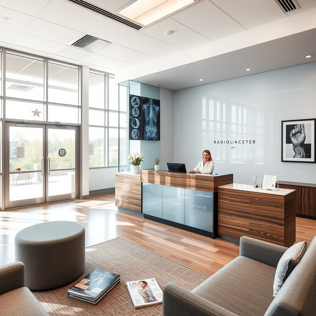 A modern reception office for a radiologic center, featuring sleek glass and wood elements