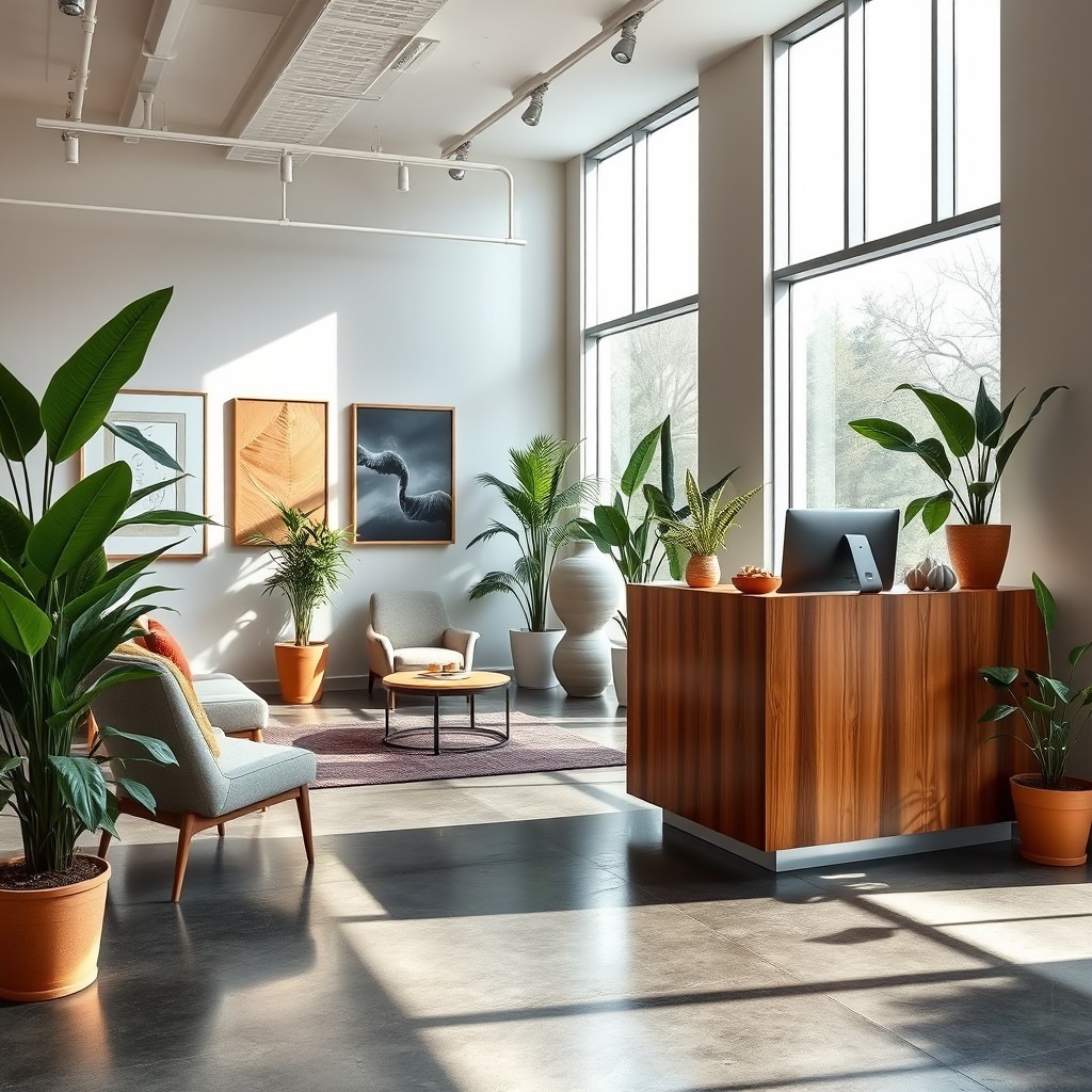 A modern reception office interior featuring a stylish reception desk made of polished wood, with a sleek computer and stylish decor