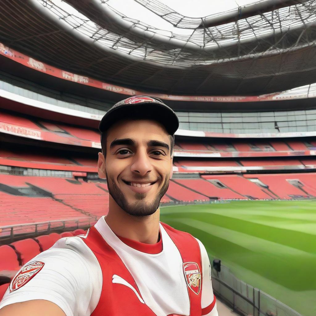 A youthful, 25-year-old man proudly wearing an Arsenal jersey, taking a selfie with Emirates Stadium as the captivating backdrop, embodying the vibrant spirit of North London.