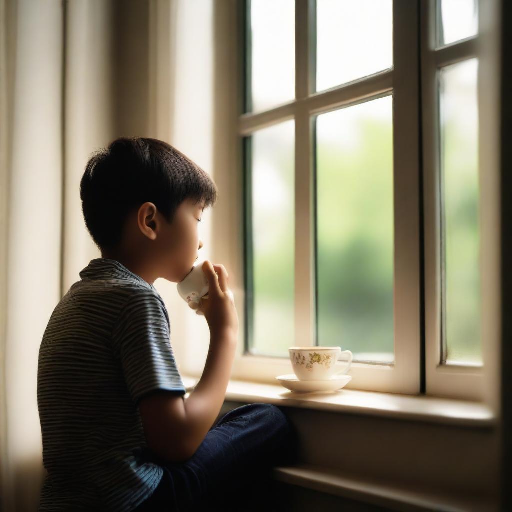 A young boy peacefully sitting by a window, silhouetted against soft daylight, delicately holding a beautifully designed teacup, savoring a warm sip of tea alone.