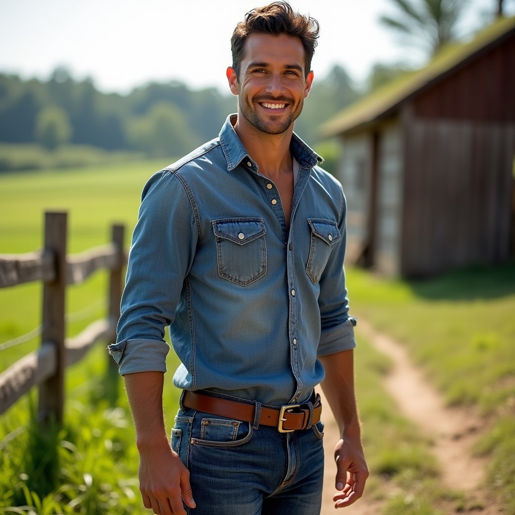 A handsome man in the style of Pedro Pascoal, wearing stylish blue jeans and a fitted button-up shirt, exuding a farmer vibe
