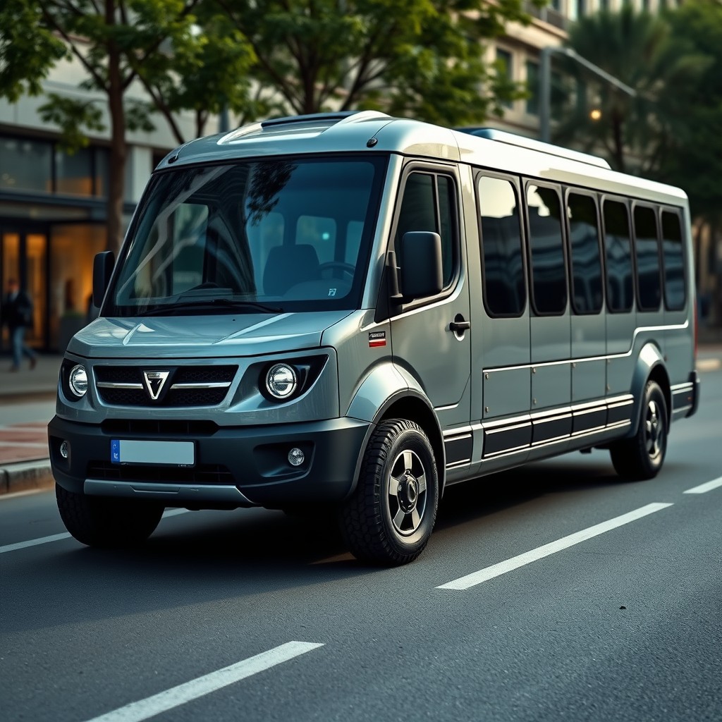A unique vehicle that resembles a Dacia Jogger in gray color, but designed in the shape of a bus