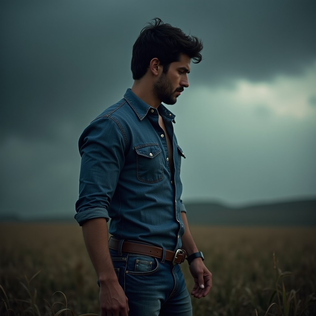 A profile view of a man in the style of Pedro Pascoal, dressed in stylish blue jeans and a fitted button-up shirt, embodying a farmer vibe