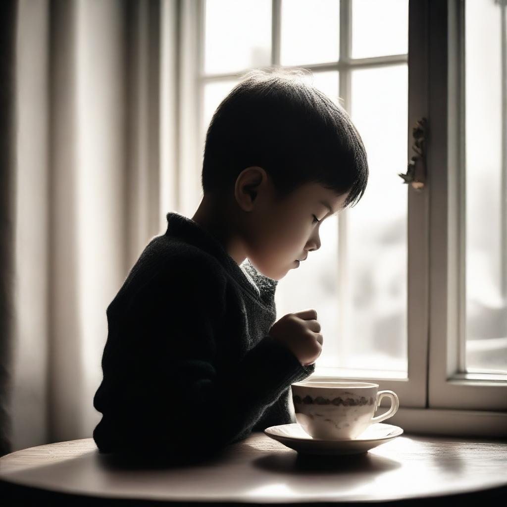 A young boy peacefully sitting by a window, silhouetted against soft daylight, delicately holding a beautifully designed teacup, savoring a warm sip of tea alone.