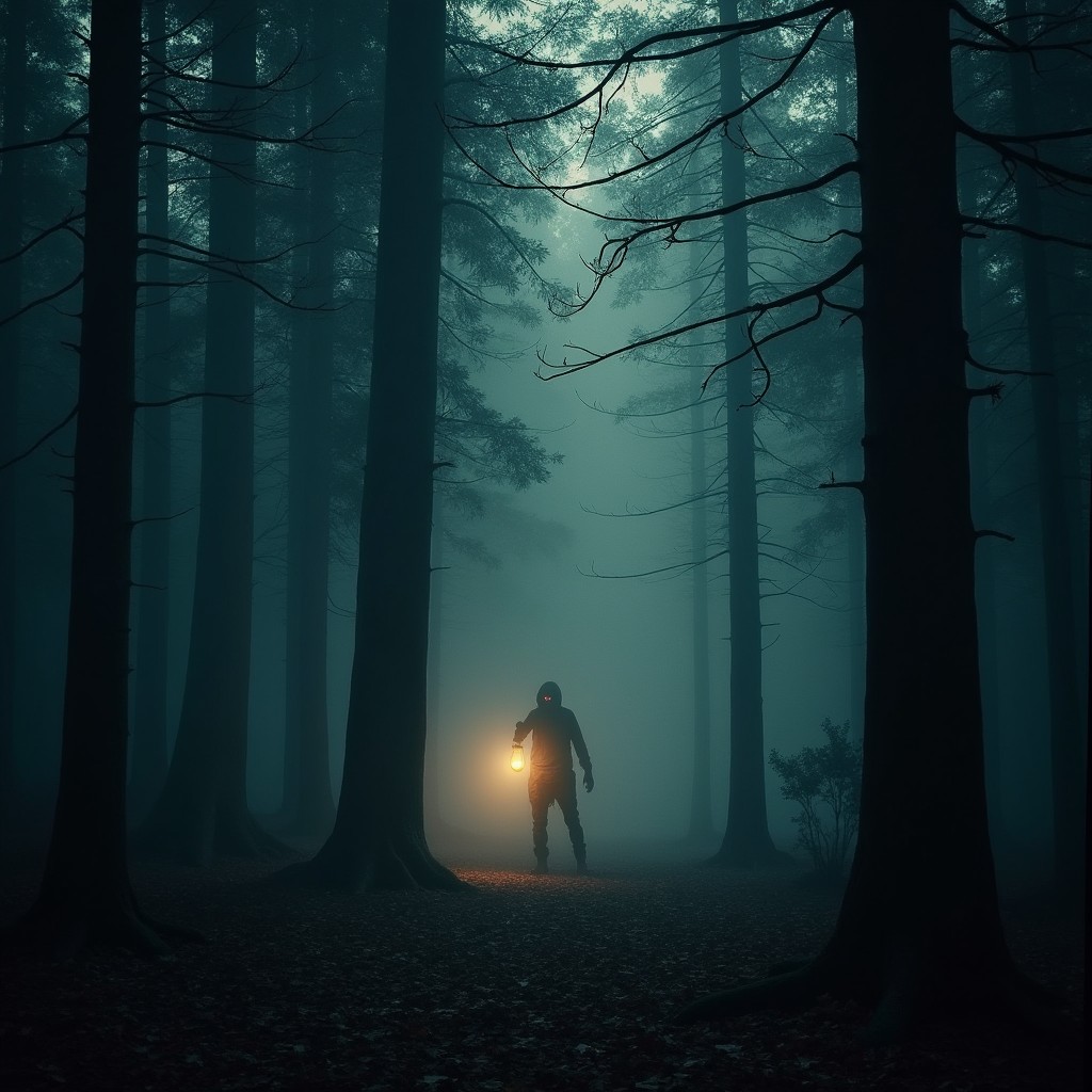 A suspenseful scene in a dense, dark forest, shrouded in mist, towering trees casting eerie shadows on the ground, faint light filtering through the dense foliage, a mysterious figure partially obscured by the trees, holding a flickering lantern, the atmosphere thick with tension and anticipation, the ground covered in fallen leaves, creating a sense of depth and intrigue, and a haunting mist lingering around, giving an unsettling feeling