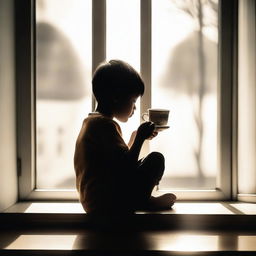 A young boy peacefully sitting by a window, silhouetted against soft daylight, delicately holding a beautifully designed teacup, savoring a warm sip of tea alone.