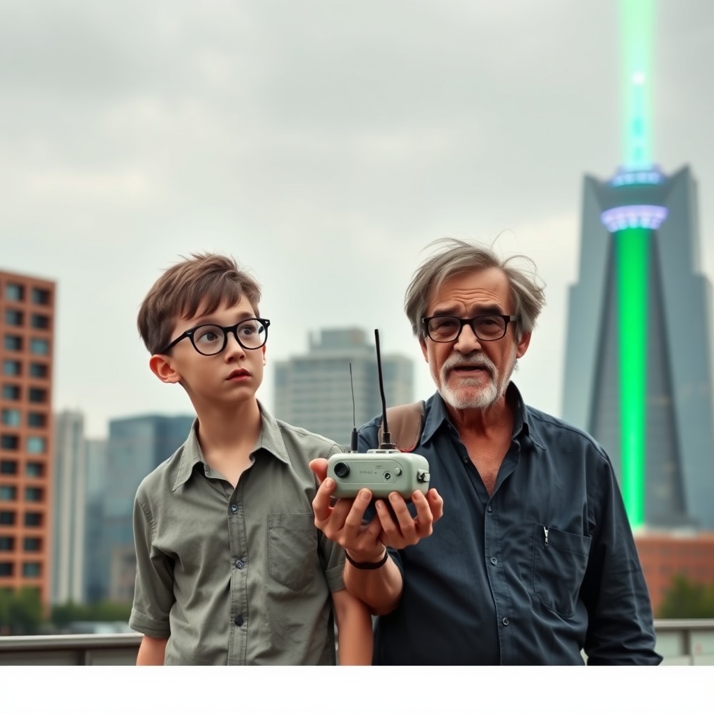A skinny geeky boy wearing a shirt and glasses, looking astonished, stands next to a 65-year-old man with messy hair, holding a strange small device with an antenna