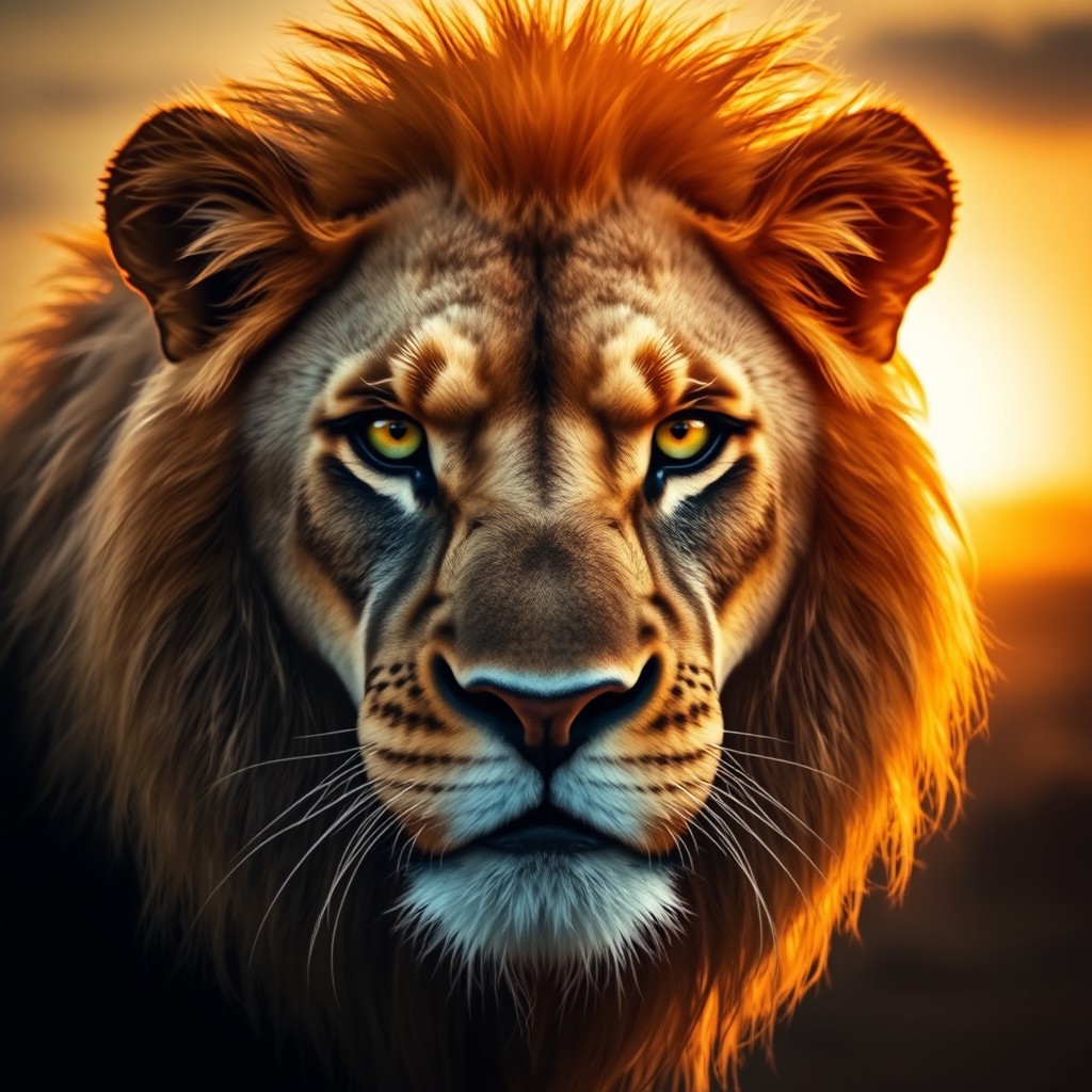A dramatic, close-up portrait of a fierce lion's face with piercing green eyes, showcasing its majestic mane, detailed textures of the fur, and the powerful expression