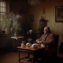 A middle-aged man sitting comfortably in a cozy living room, engrossed in thought, slowly sipping from an antique teacup filled with scented tea, completely alone.