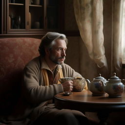 A middle-aged man sitting comfortably in a cozy living room, engrossed in thought, slowly sipping from an antique teacup filled with scented tea, completely alone.