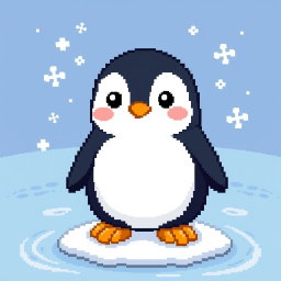A charming pixel art depiction of a cute, cartoon-style penguin