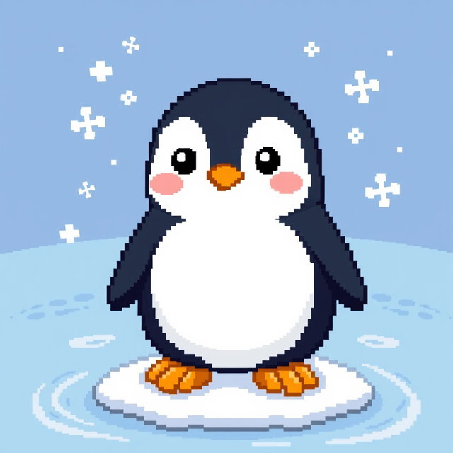A charming pixel art depiction of a cute, cartoon-style penguin